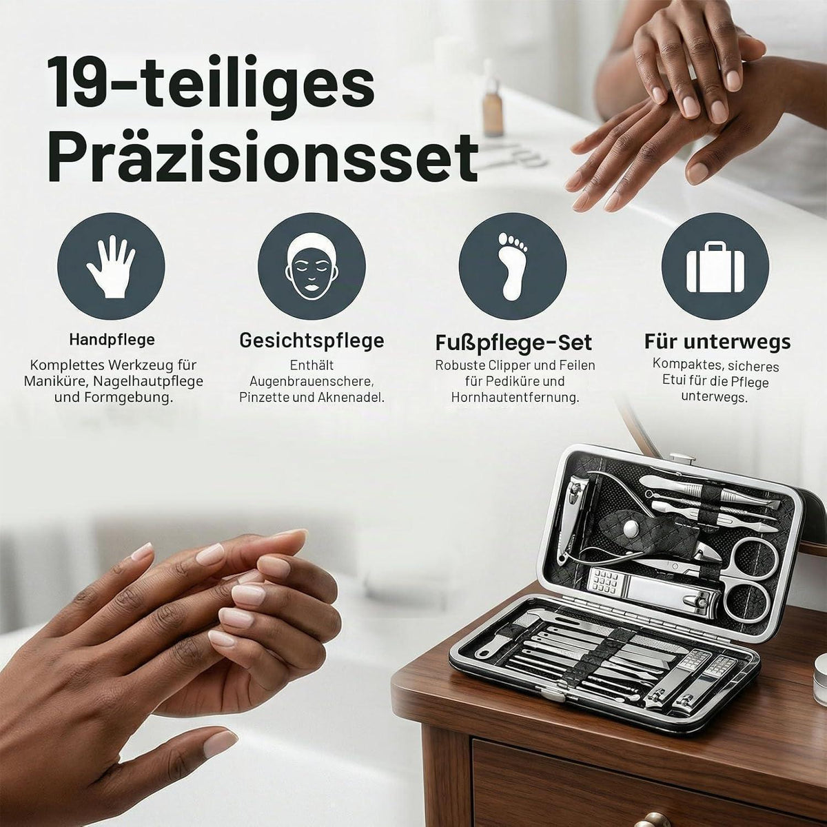 19-teiliges Maniküre-Pediküre Set Edelstahl – Tragbares Nagelpflege Kit
