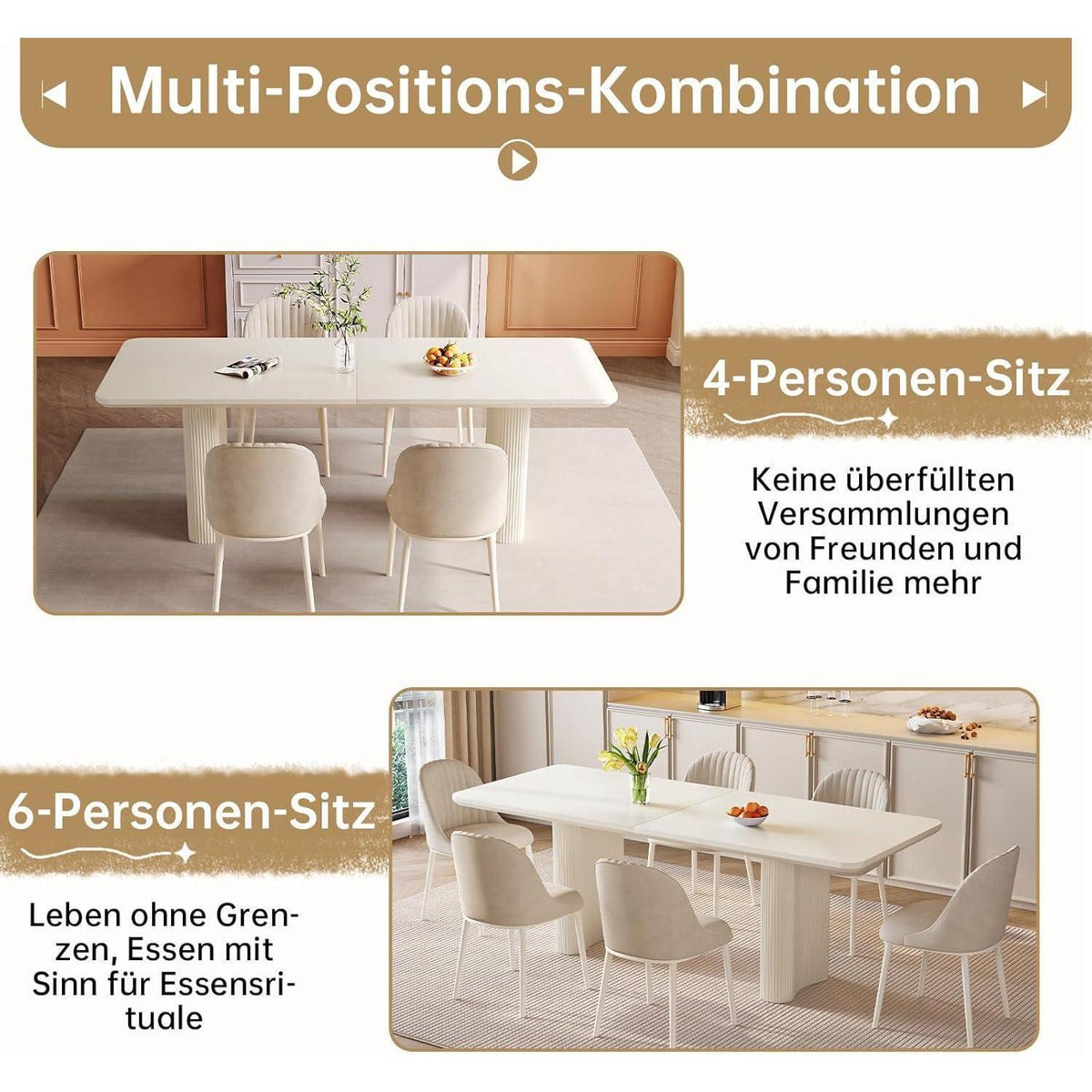 Rechteckiger Esstisch Creme mit 4 Stühlen (200 cm)