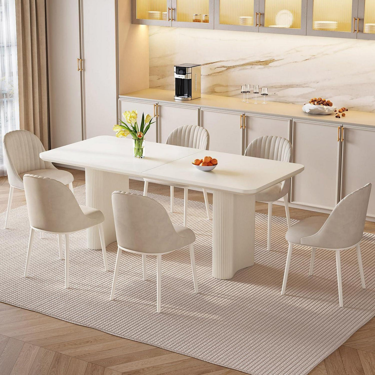 Rechteckiger Esstisch Creme mit 6 Stühlen (160 cm)