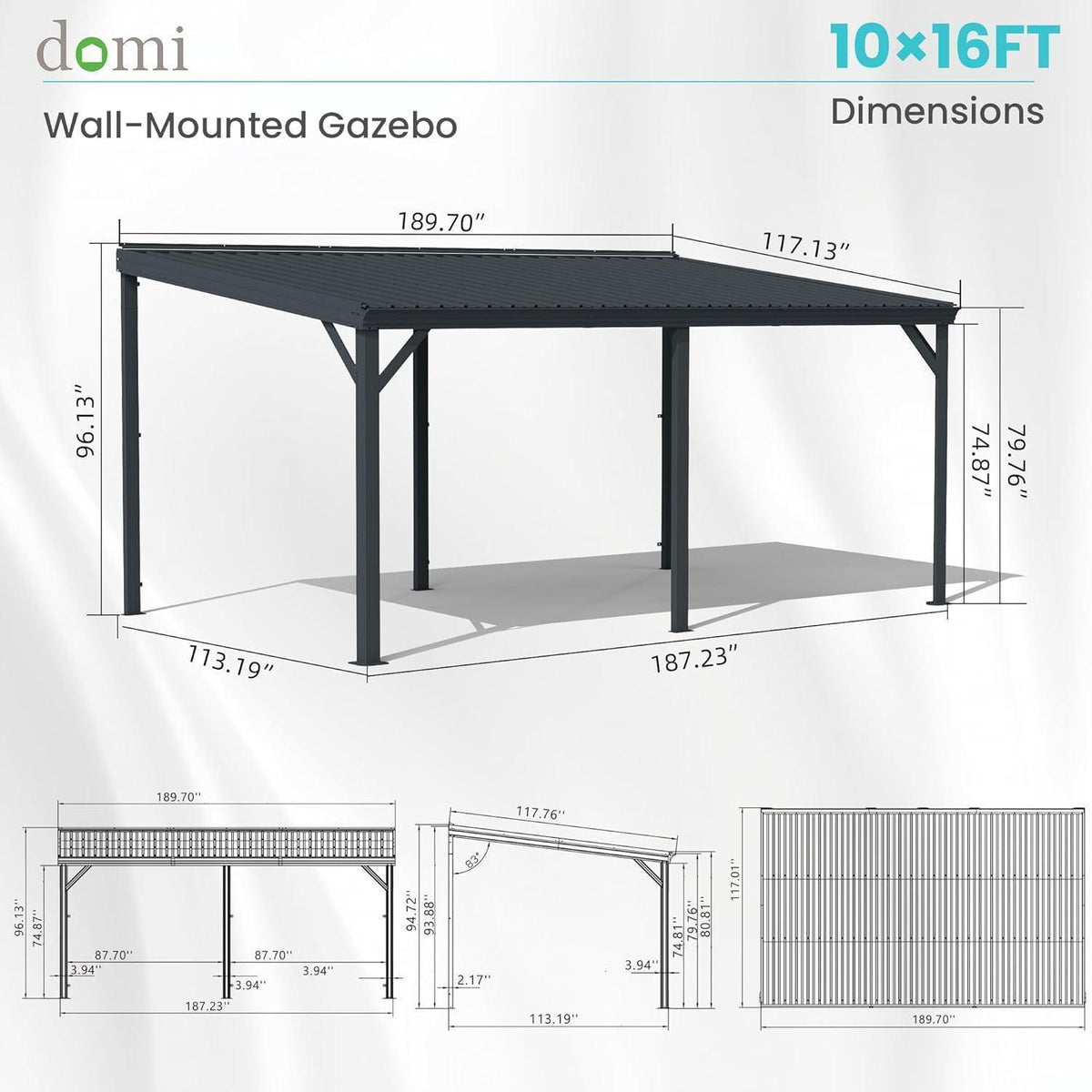 Wandmontierter Pavillon 3x4,6m – Terrassenüberdachung Grau