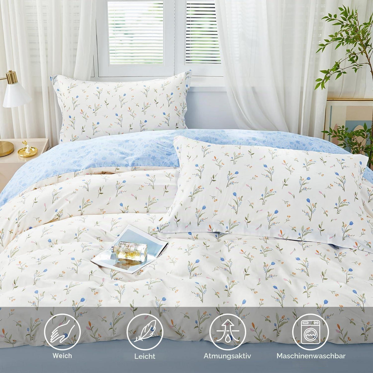 Blumen Bettwäsche Set 200x220 Baumwolle Blau Botanisch
