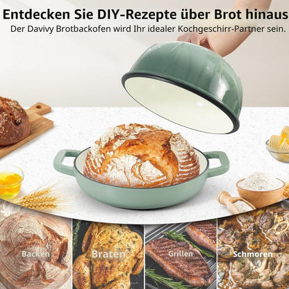 Gusseisen Brotbacktopf 5,35L Meersalzgrün mit Ofenhandschuhen