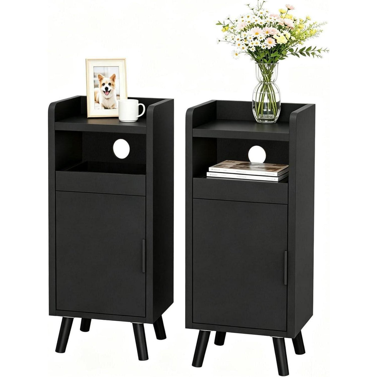 Nachttisch 2er Set Schwarz – Schmaler Nachtschrank mit Schublade