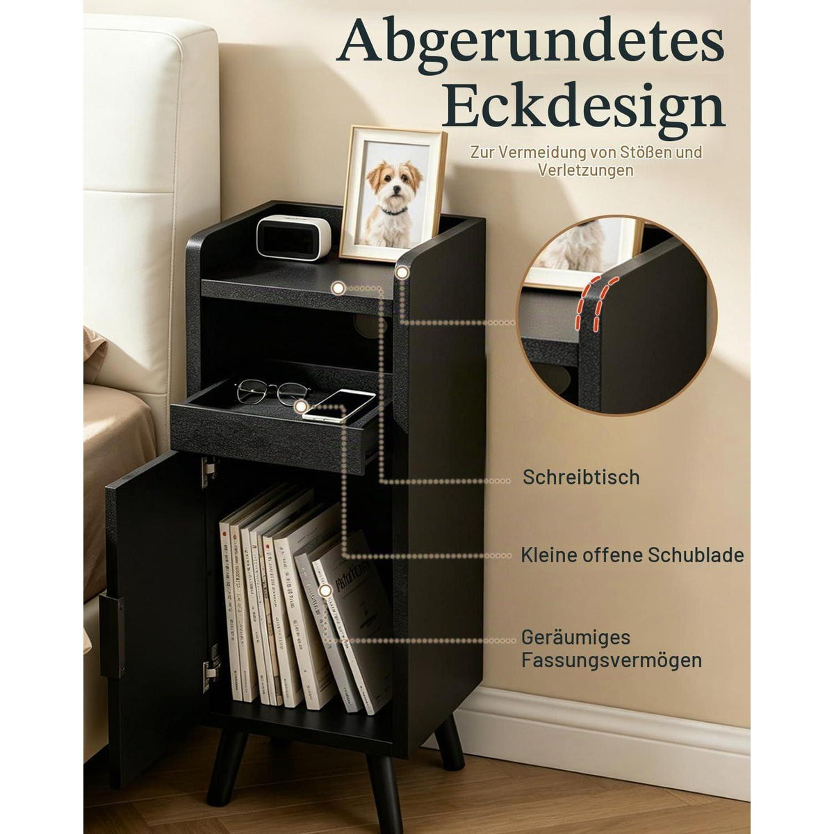 Nachttisch 2er Set Schwarz – Schmaler Nachtschrank mit Schublade
