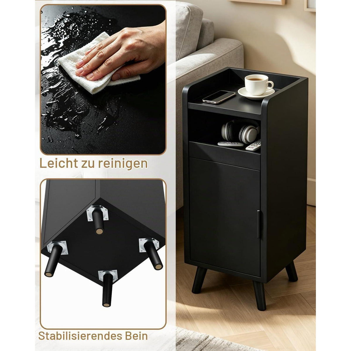 Nachttisch 2er Set Schwarz – Schmaler Nachtschrank mit Schublade