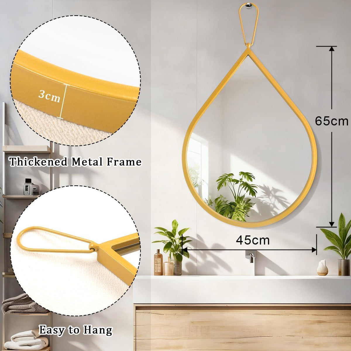 Moderner goldener Wandspiegel 65x45cm – Tropfenform & Metallrahmen