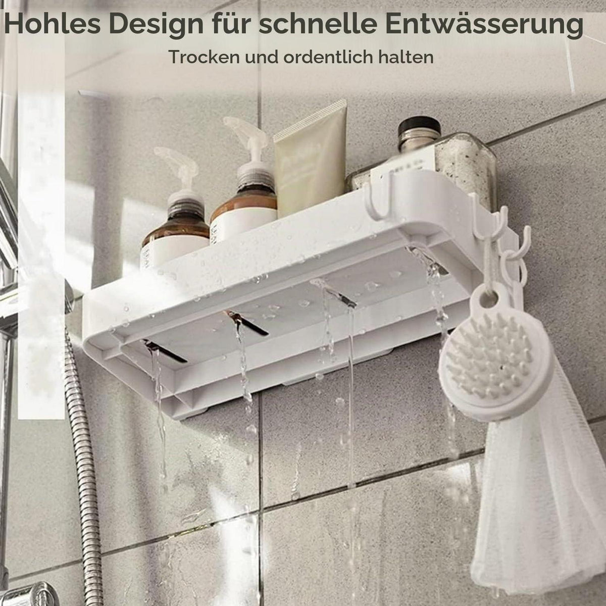 Duschablage ohne Bohren – Weißes Badregal mit 3 Haken