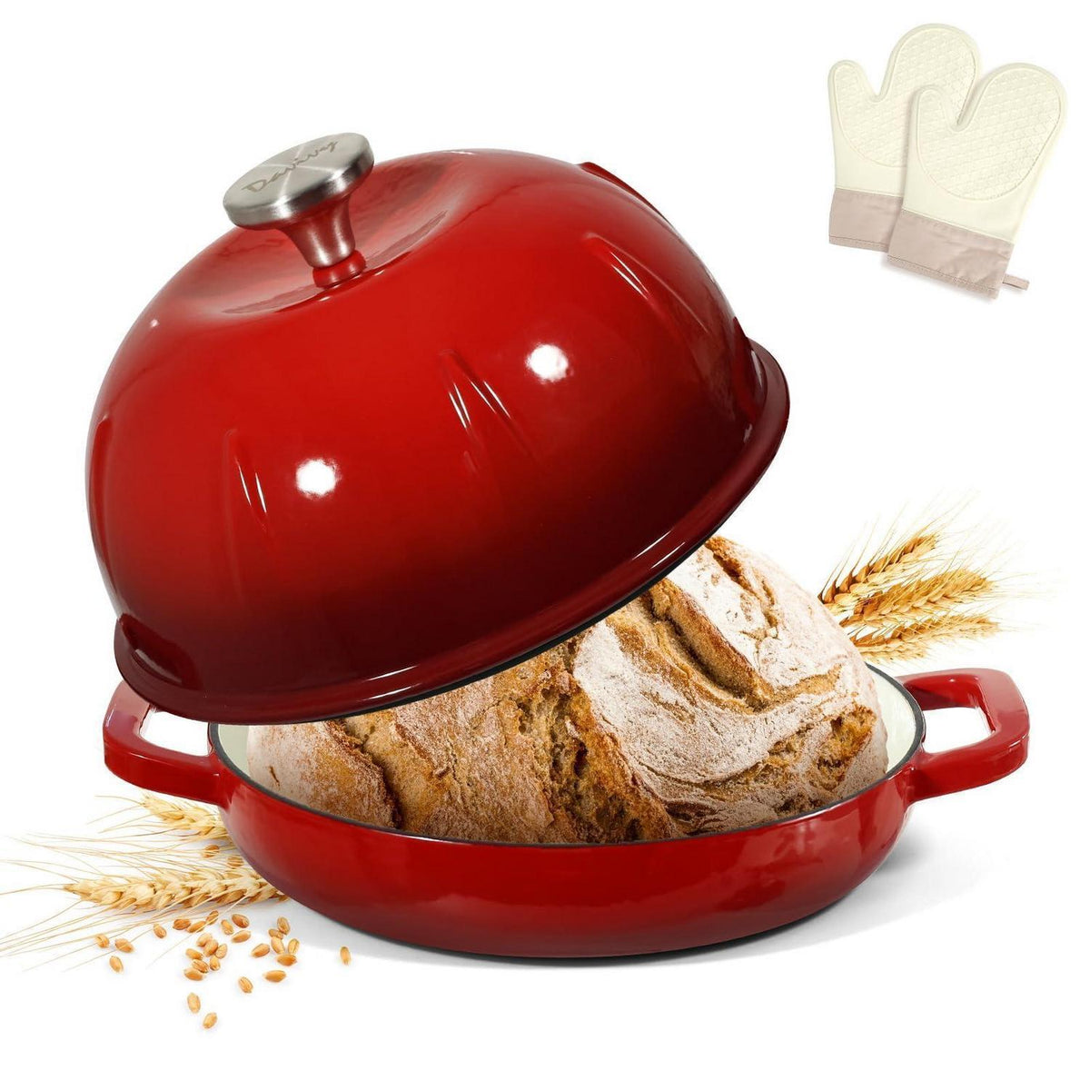 Gusseisen Brotbacktopf 5,35L mit Ofenhandschuhen - Kirschrot