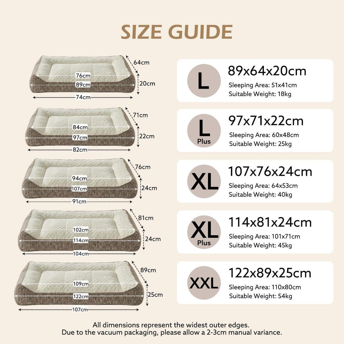 Orthopädisches Hundebett Groß – Beige, 89x64x20cm