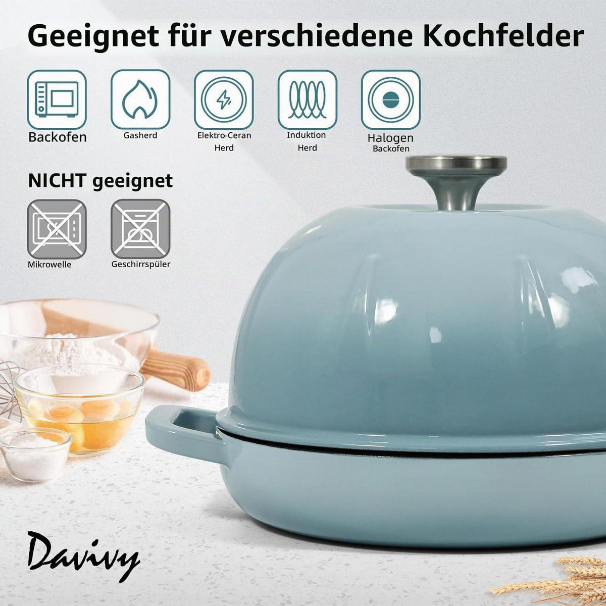 Gusseisen Brotbacktopf 5,35L mit Ofenhandschuhen – Meersalzblau