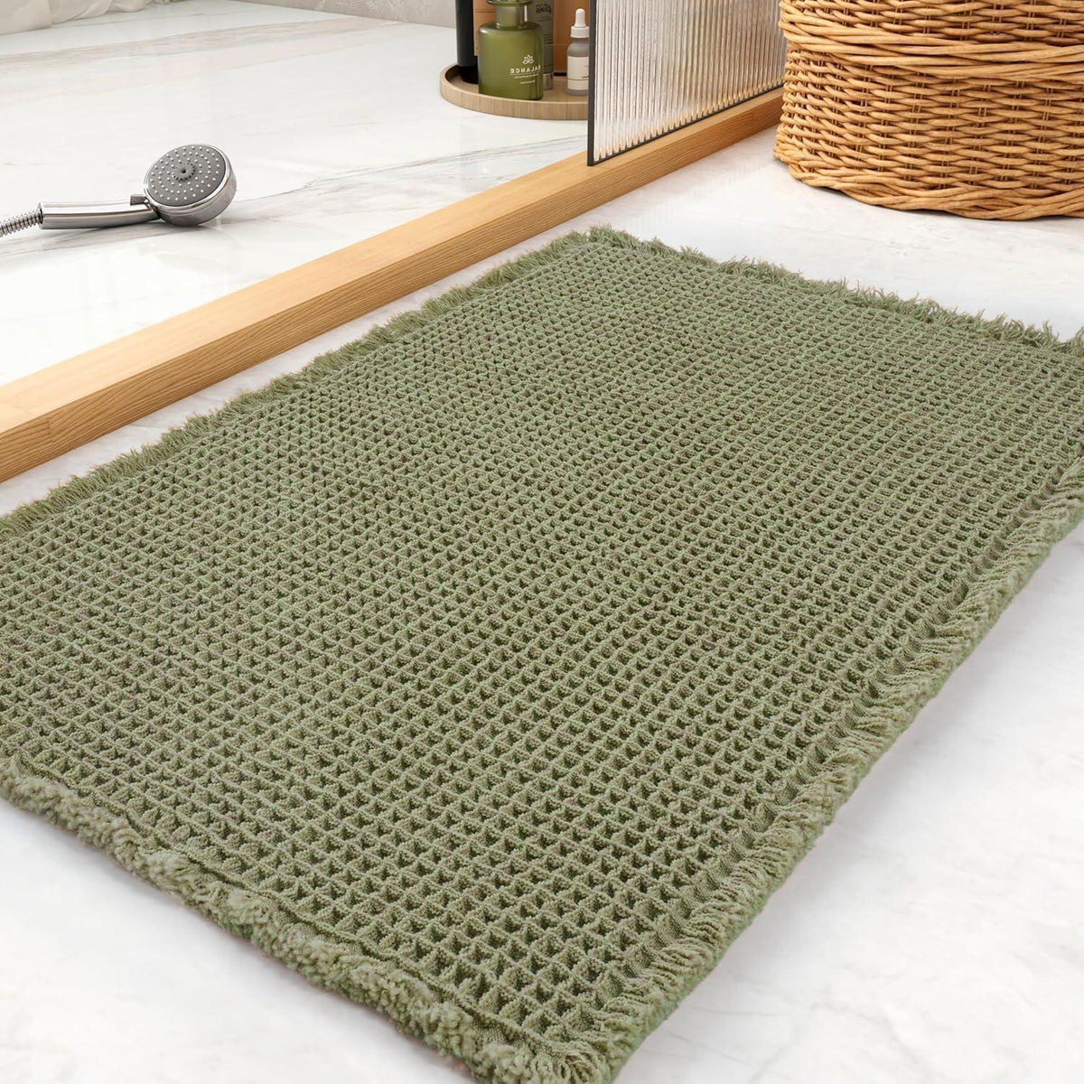 Rutschfester Badezimmerteppich Boho Bohnengrün 60x180cm