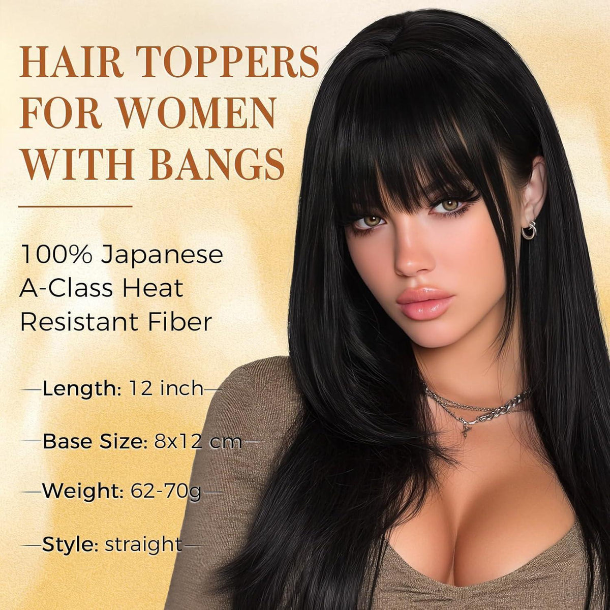 Haar Topper mit Pony – Natürliches Schwarz, 30cm