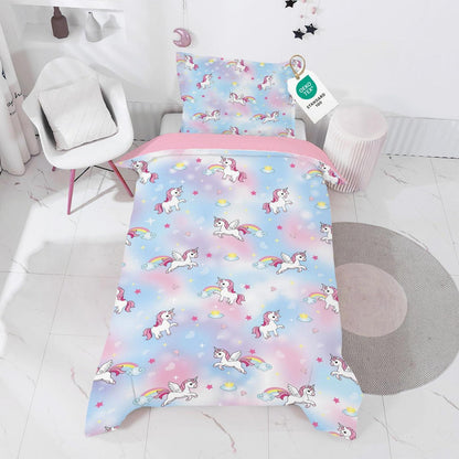 Einhorn Bettwäsche Set 135x200 – Rosa-Blau Mikrofaser