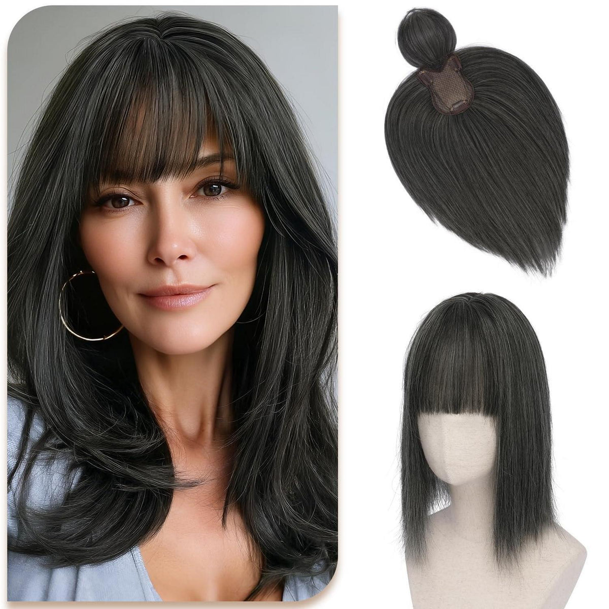 Haar Topper mit Pony – Natürliches Schwarz, 30cm