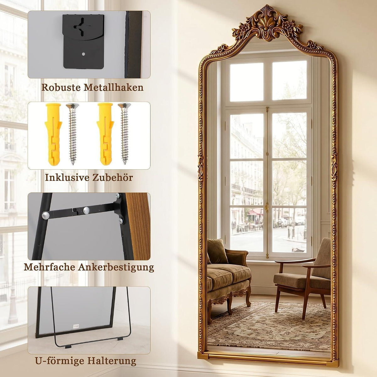 Großer Standspiegel Retro Gold | 175x70 cm | Ganzkörperspiegel mit Haken
