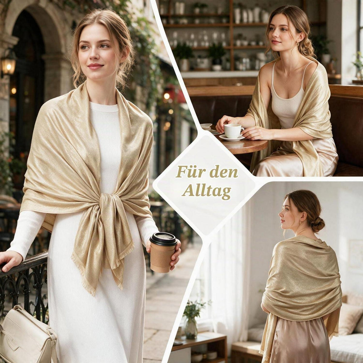 Glitzer Pashmina Stola Wendeschal für Abendkleider Gold