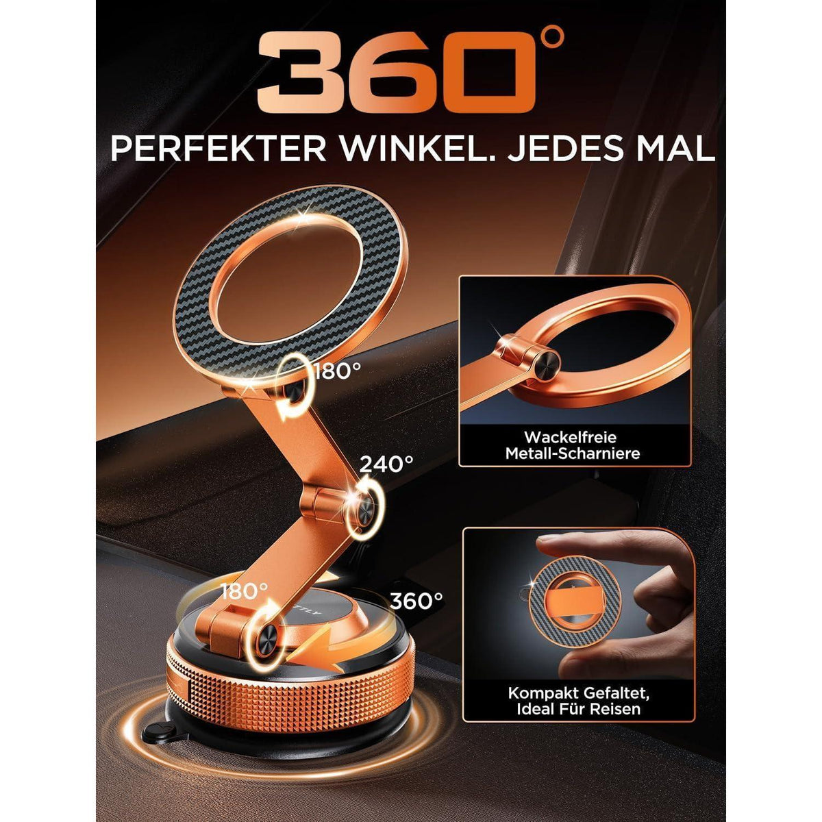 Magnetische Handyhalterung Auto mit Dual-Arm & Nano-Saugfuß Orange