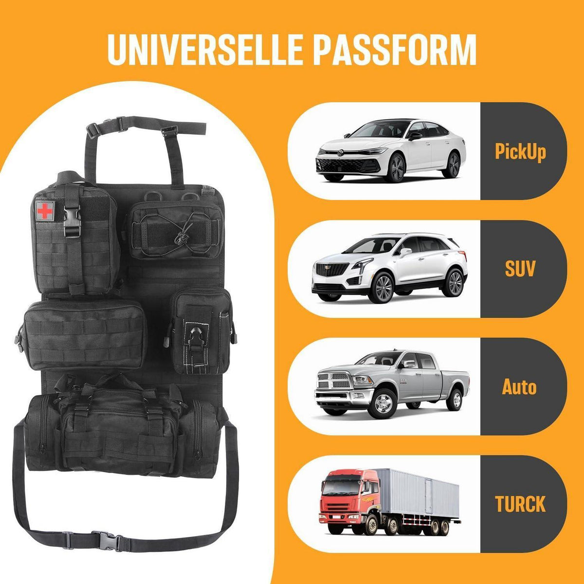 Taktischer Autositz Organizer mit Molle & 5 Fächern Schwarz