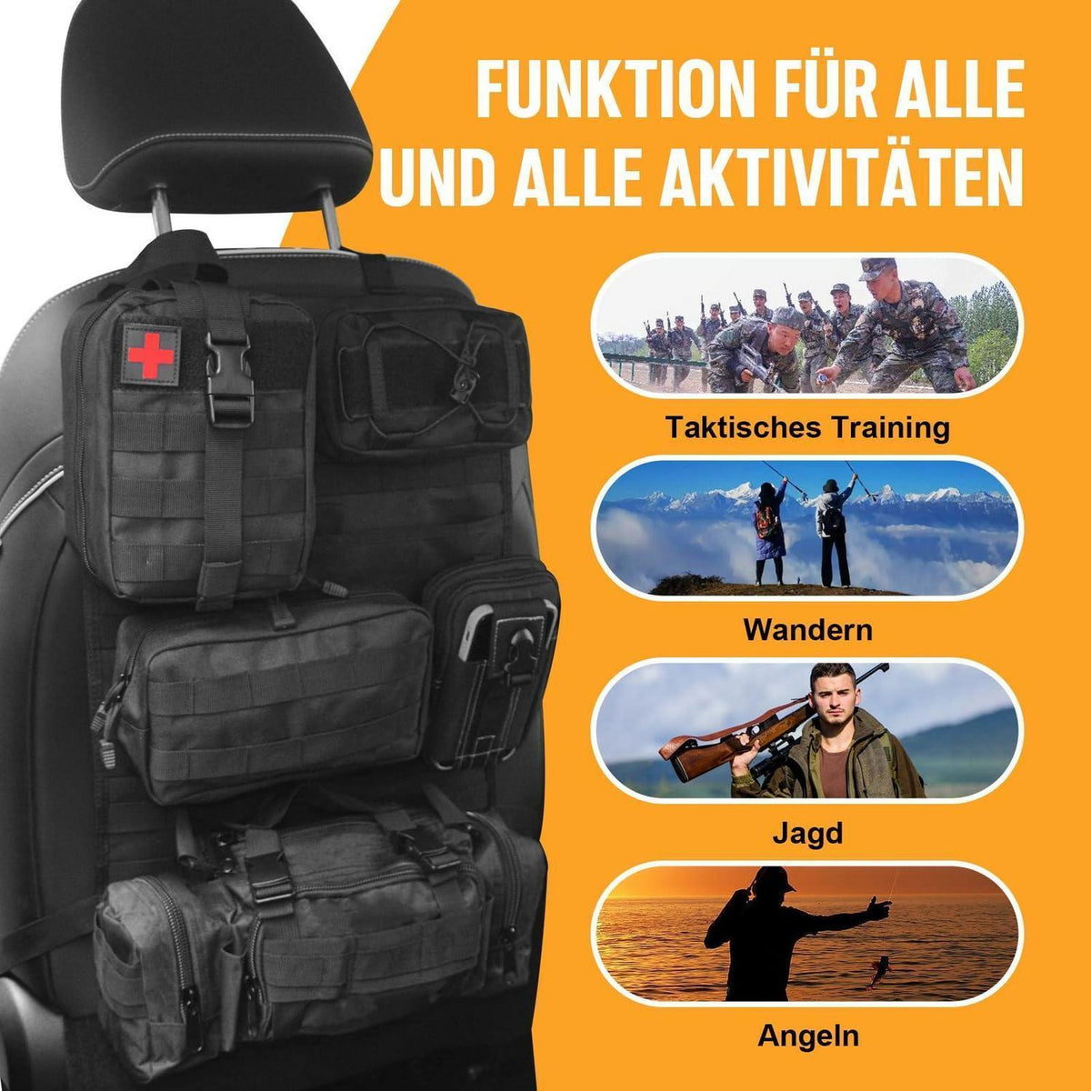 Taktischer Autositz Organizer mit Molle & 5 Fächern Schwarz
