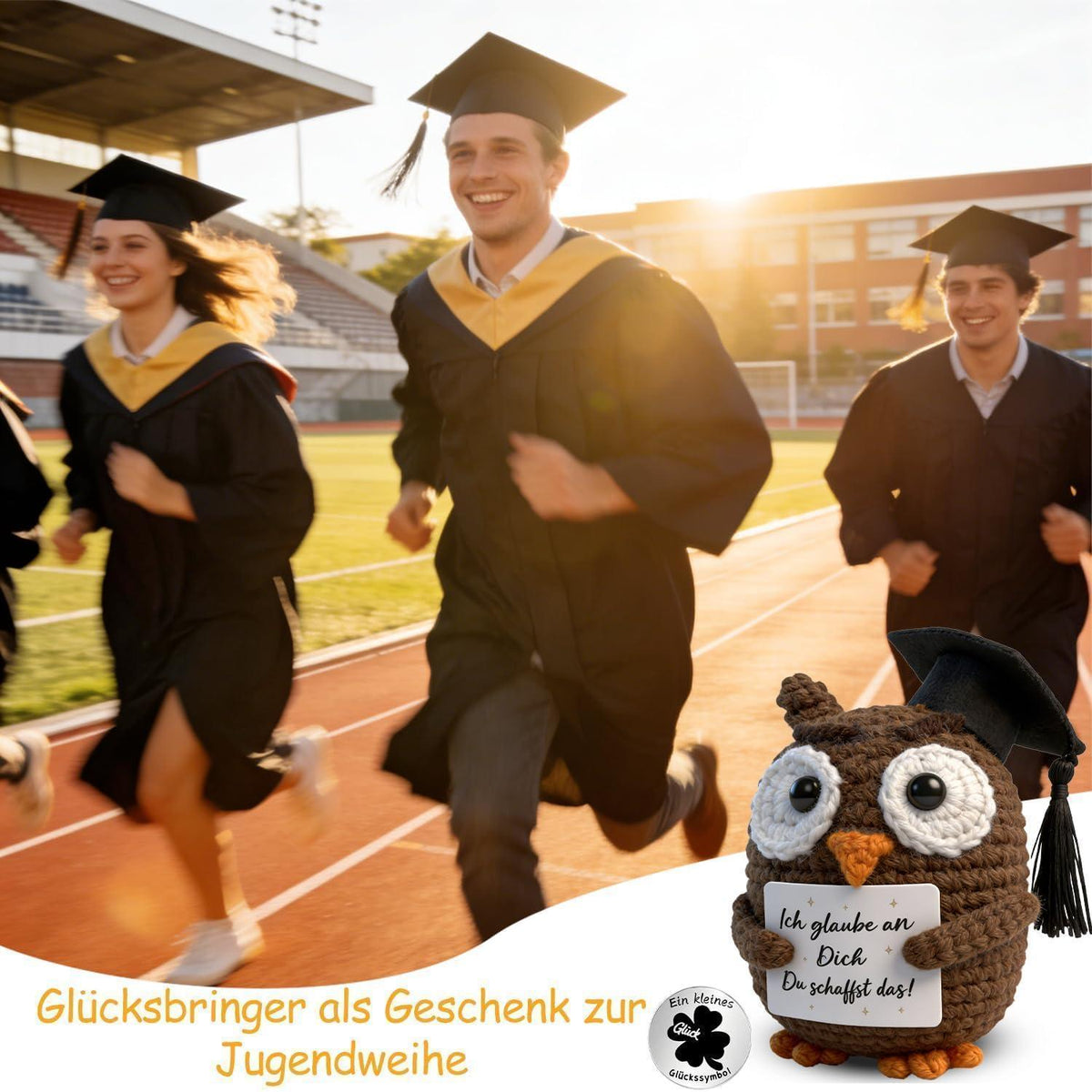 Handgehäkelte Abschluss-Eule mit Doktorhut – Glücksbringer Geschenk