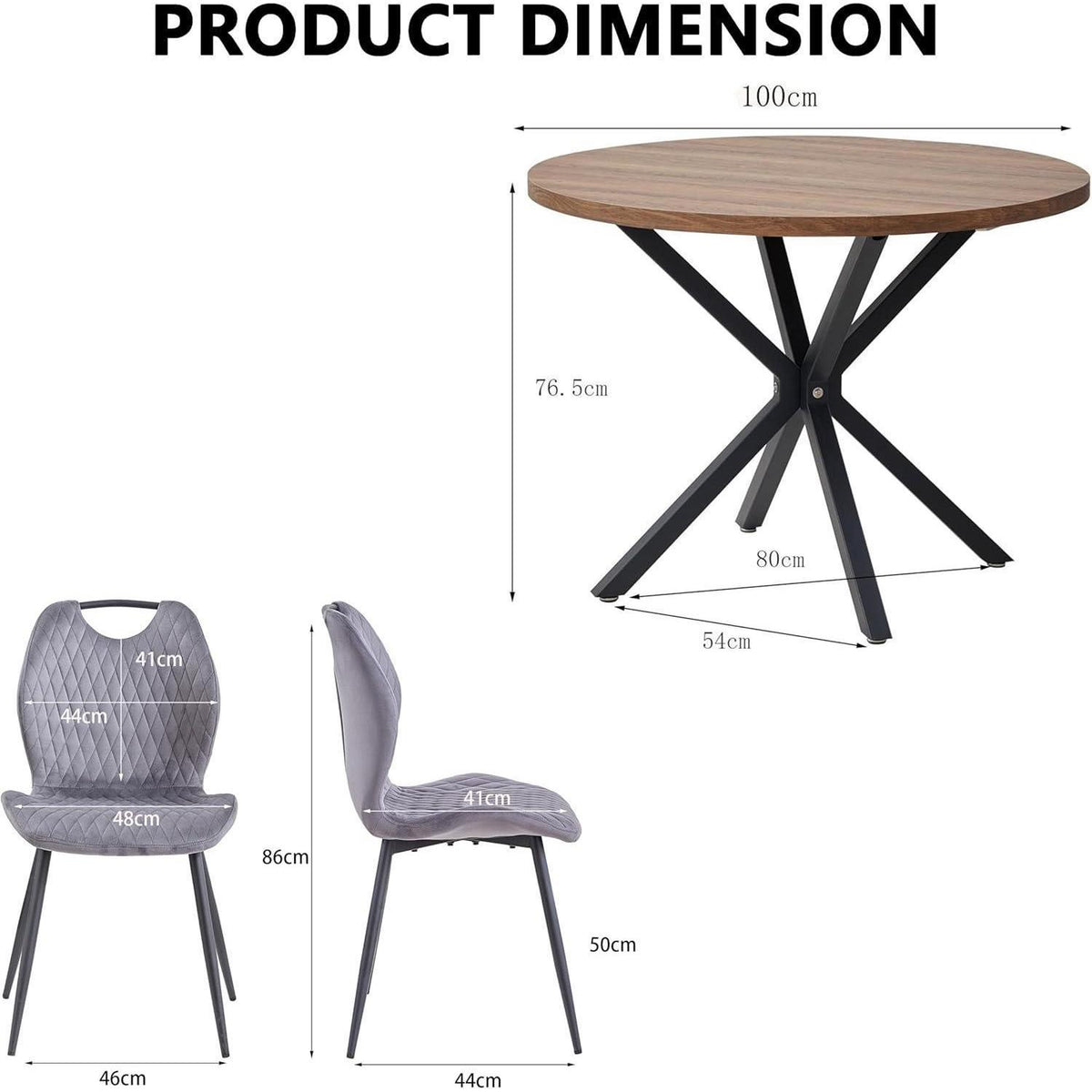 Rundes Esszimmer-Set Dunkelgrau | Esstisch + 4 Stühle