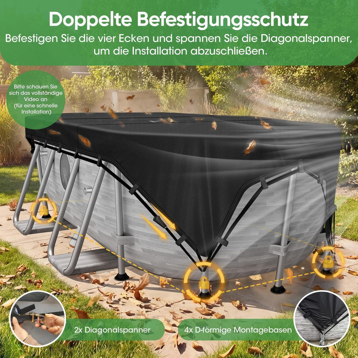 Poolabdeckung Rechteckig 732x366 cm mit 4-Punkt-Verriegelung