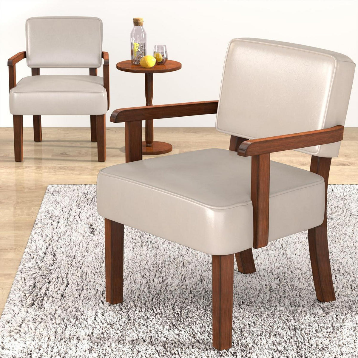 Lounge-Sessel Set (2 Sessel + 1 Tisch) – Beige Relaxstuhl in Lederoptik