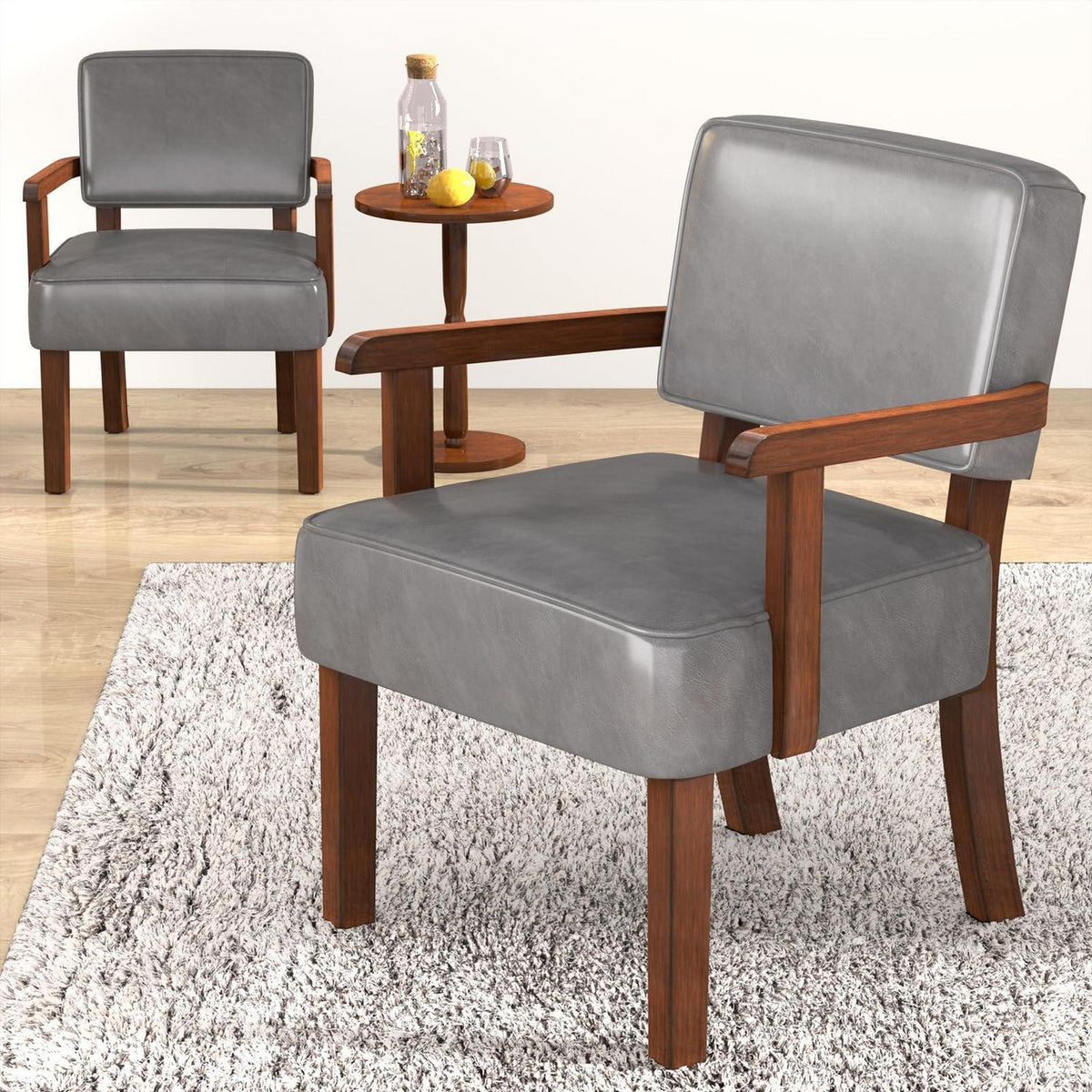 Lounge-Sessel Set (2 Sessel + 1 Tisch) Grau, Lederoptik