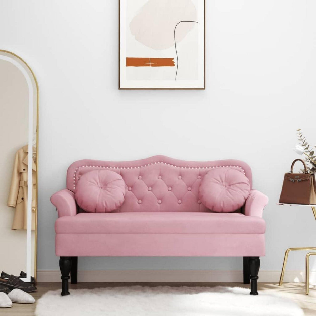 Sitzbank 2-Sitzer mit Kissen, Rosa Samtsofa für Wohnzimmer