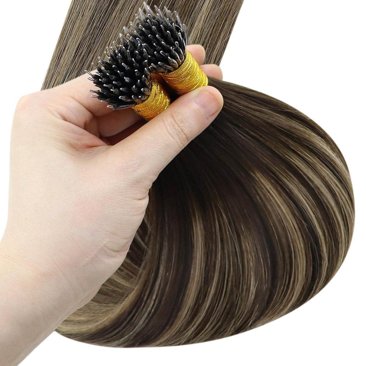Nano Ring Extensions Braun Ombre Blond Echthaar 60cm