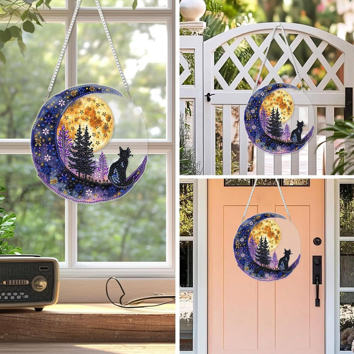 Diamantmalerei Anhänger Katze auf dem Mond – DIY Fensterbild Set