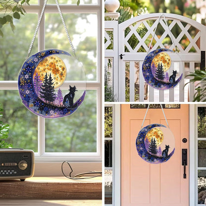 Diamantmalerei Anhänger Katze auf dem Mond – DIY Fensterbild Set