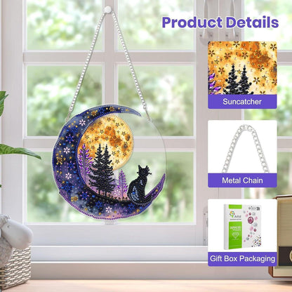 Diamantmalerei Anhänger Katze auf dem Mond – DIY Fensterbild Set