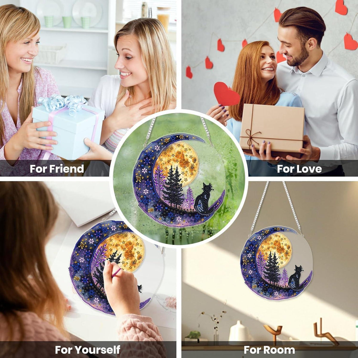Diamantmalerei Anhänger Katze auf dem Mond – DIY Fensterbild Set