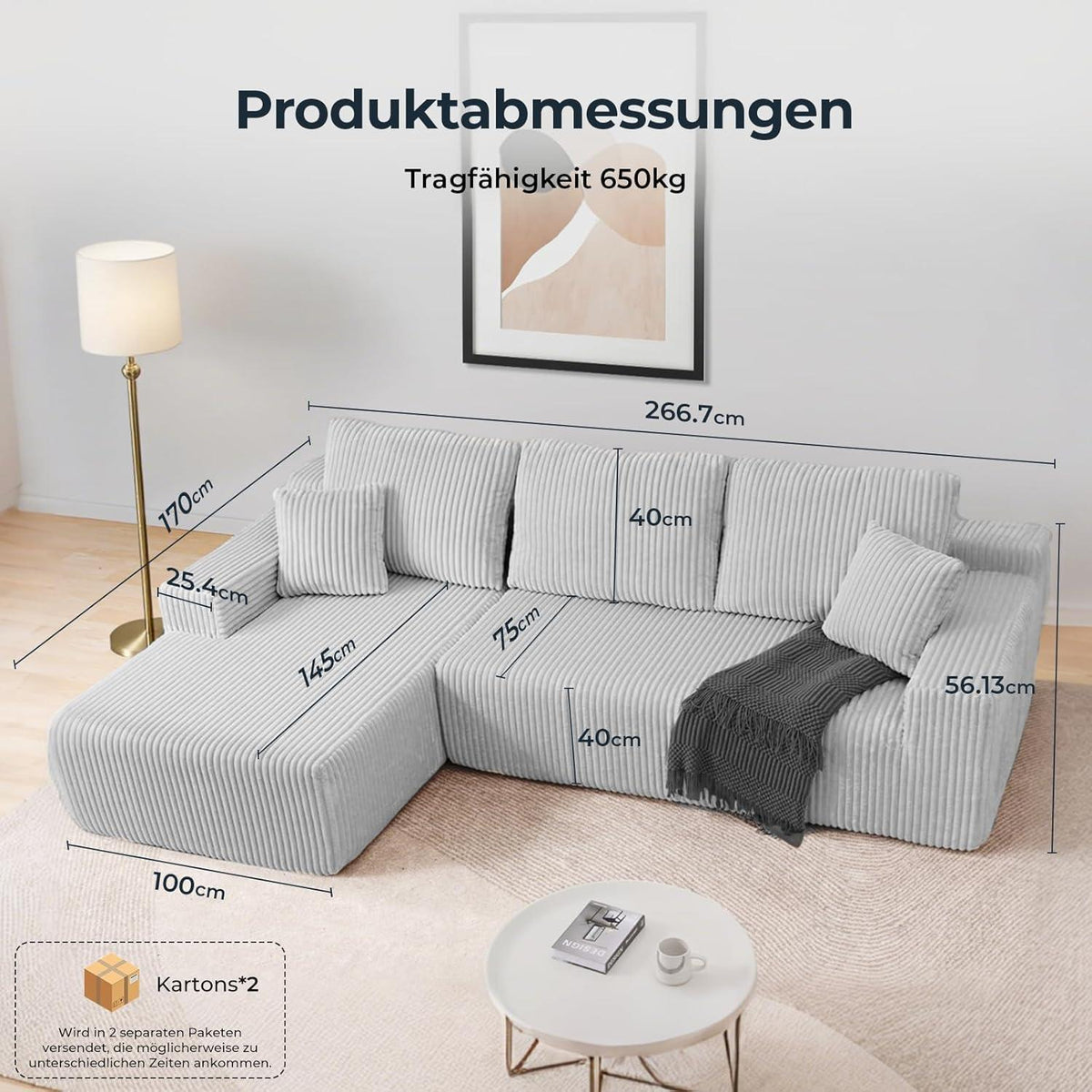 Cloud Ecksofa 105" modular, hellgrau mit Chaiselongue