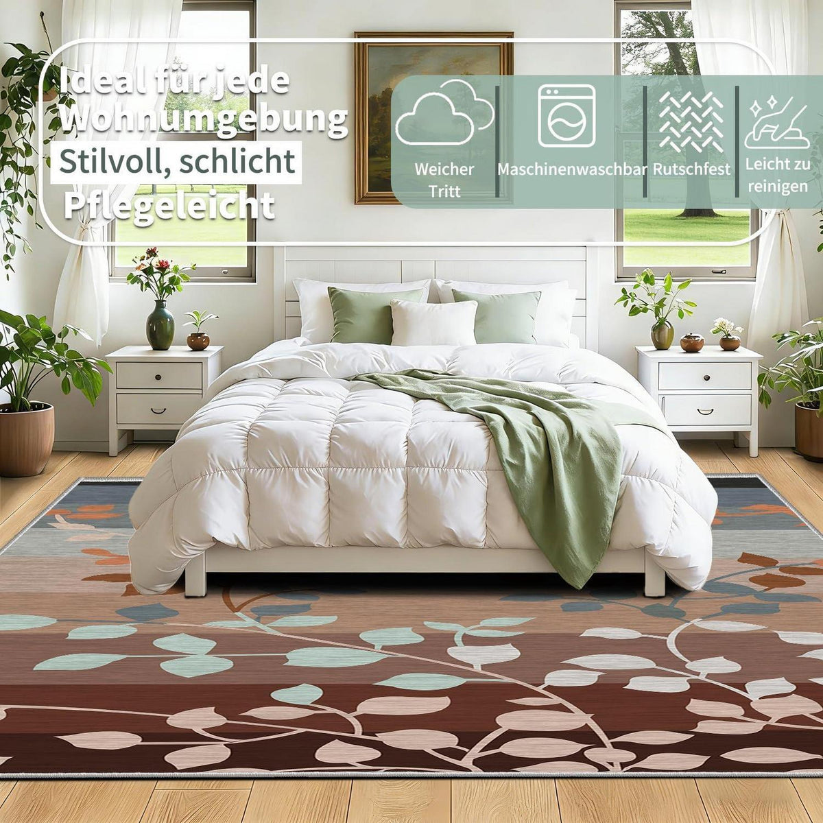 Waschbarer Teppich Braun & Grau – Blätter Muster, 200x300 cm