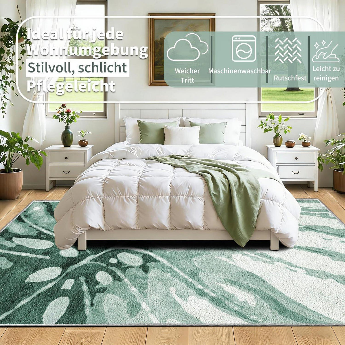 Grüner Kurzflor Teppich 200x300cm – Waschbar & Rutschfest