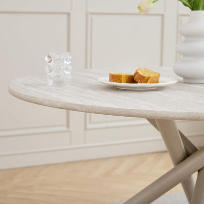 Rundes Esszimmer-Set mit 4 Leinenstühlen (Hellgrau + Grau)