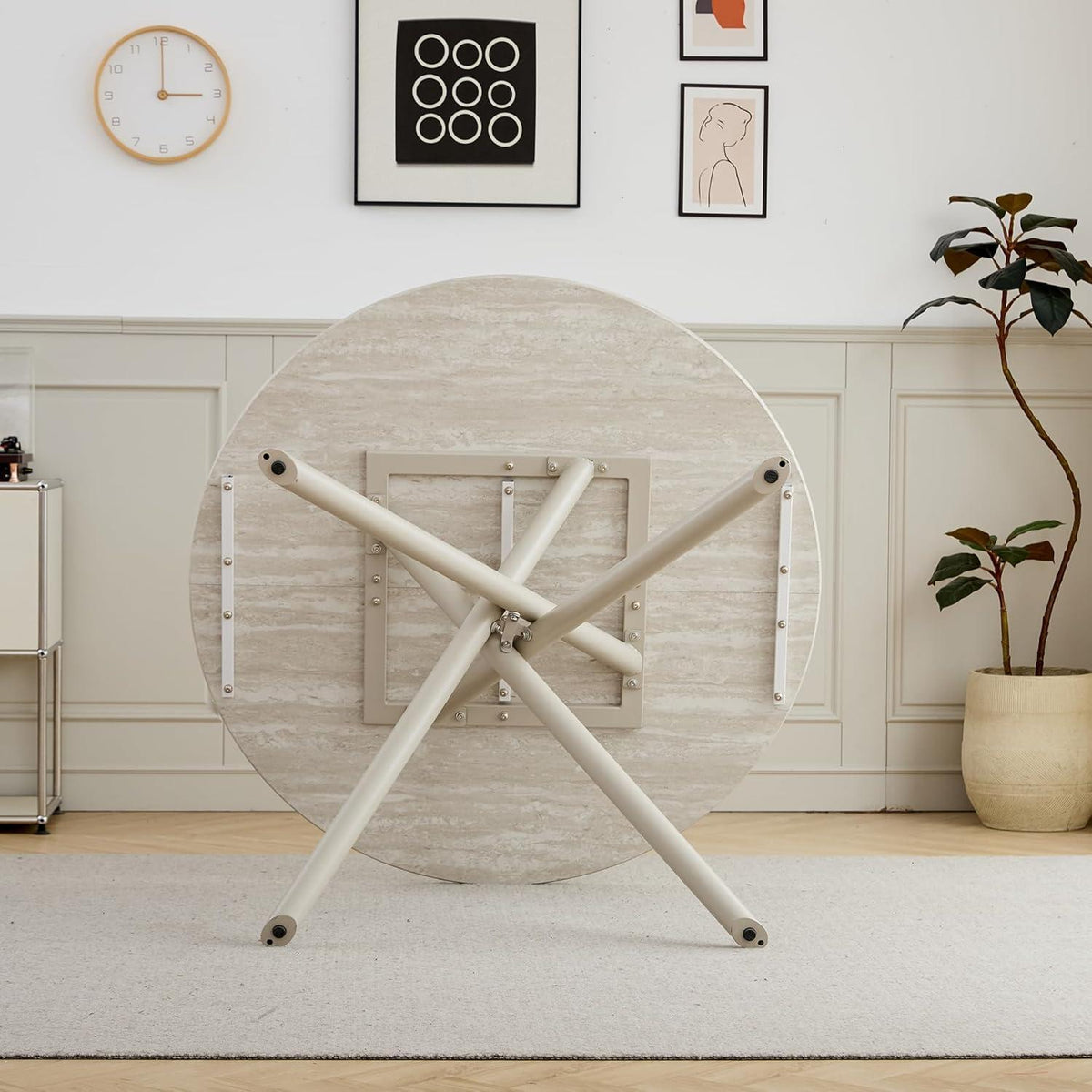 Rundes Esszimmer-Set mit 4 Leinenstühlen (Hellgrau + Grau)