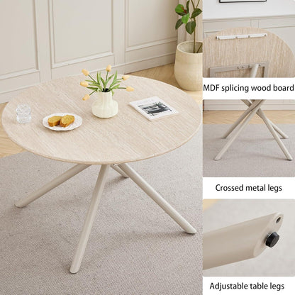 Rundes Esszimmer-Set mit 4 Leinenstühlen – Hellgelb & Braun