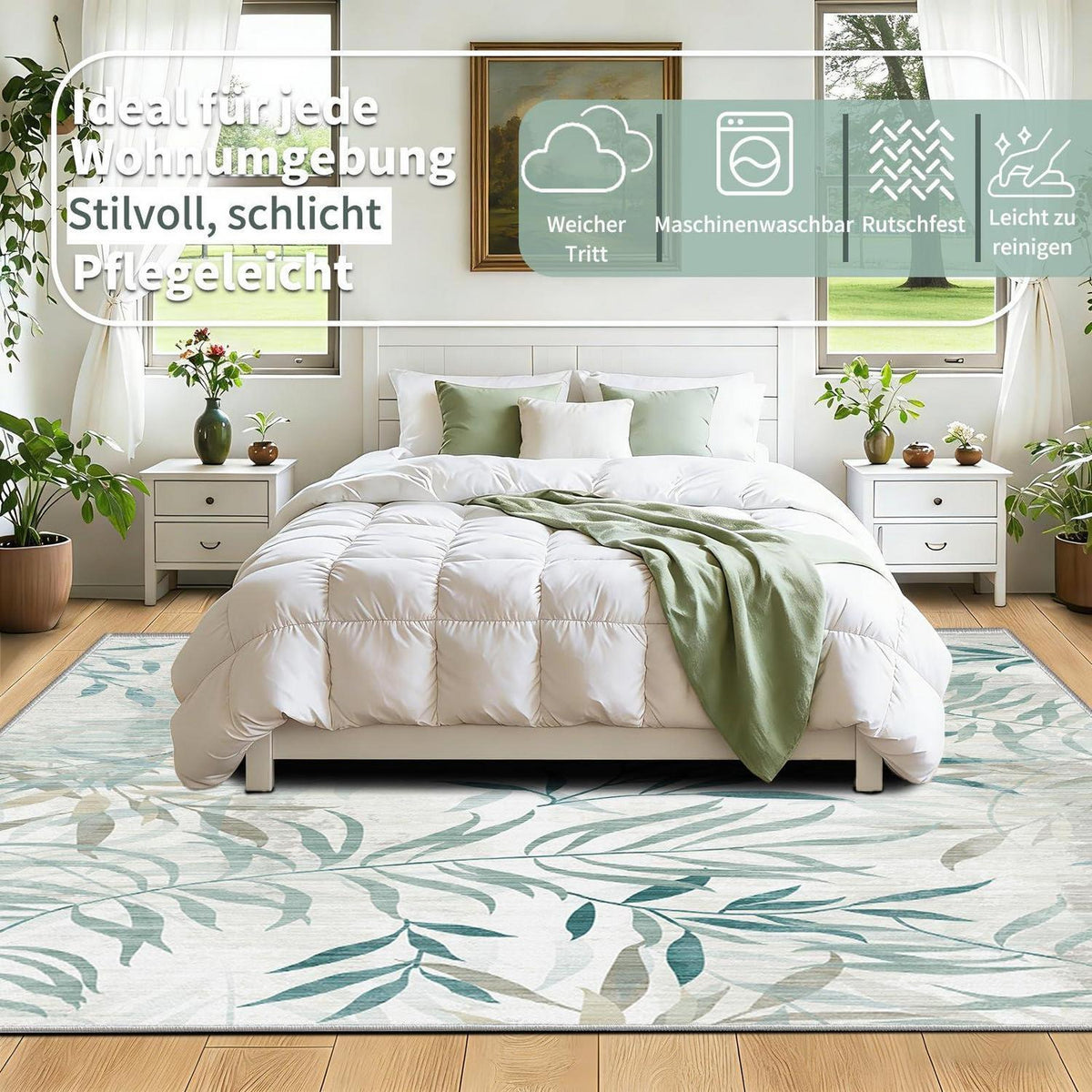 Großer Wohnzimmer Teppich 180x250 cm - Waschbar, Rutschfest & Botanisch