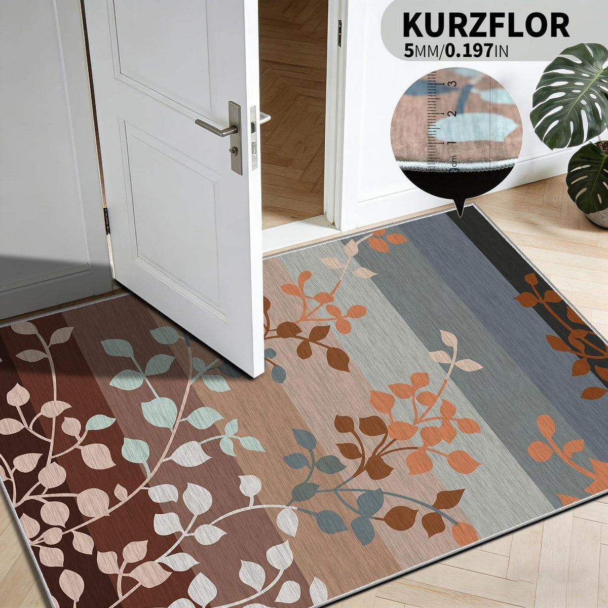 Waschbarer Teppich Wohnzimmer Braun Grau Blätter 180x250 cm
