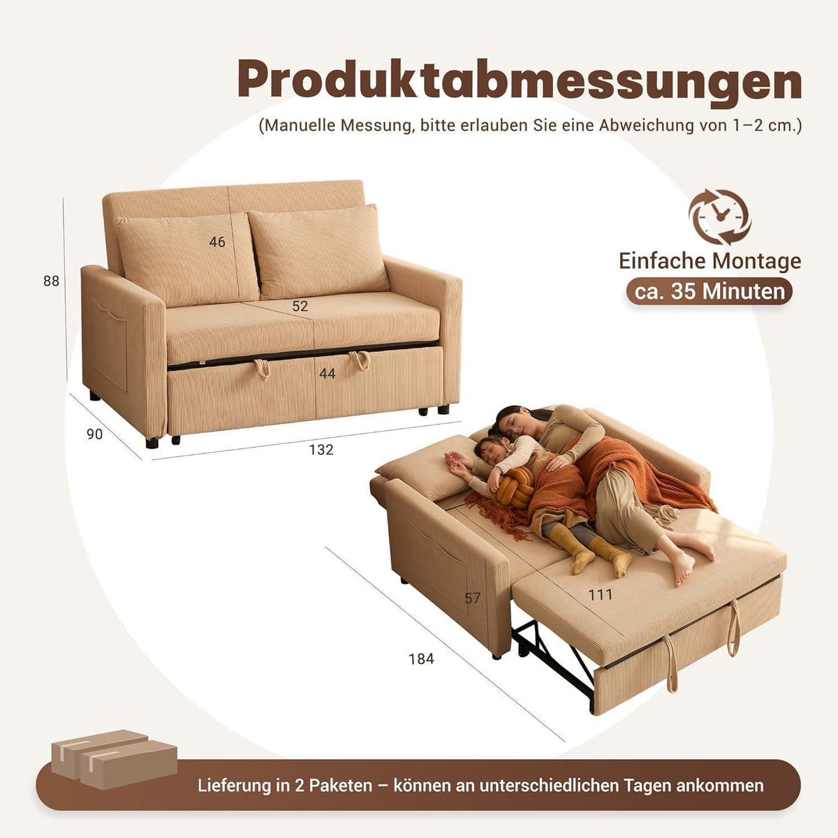Schlafsofa 2-Sitzer Cordstoff – Ausziehbbares Bett mit Verstelllehne