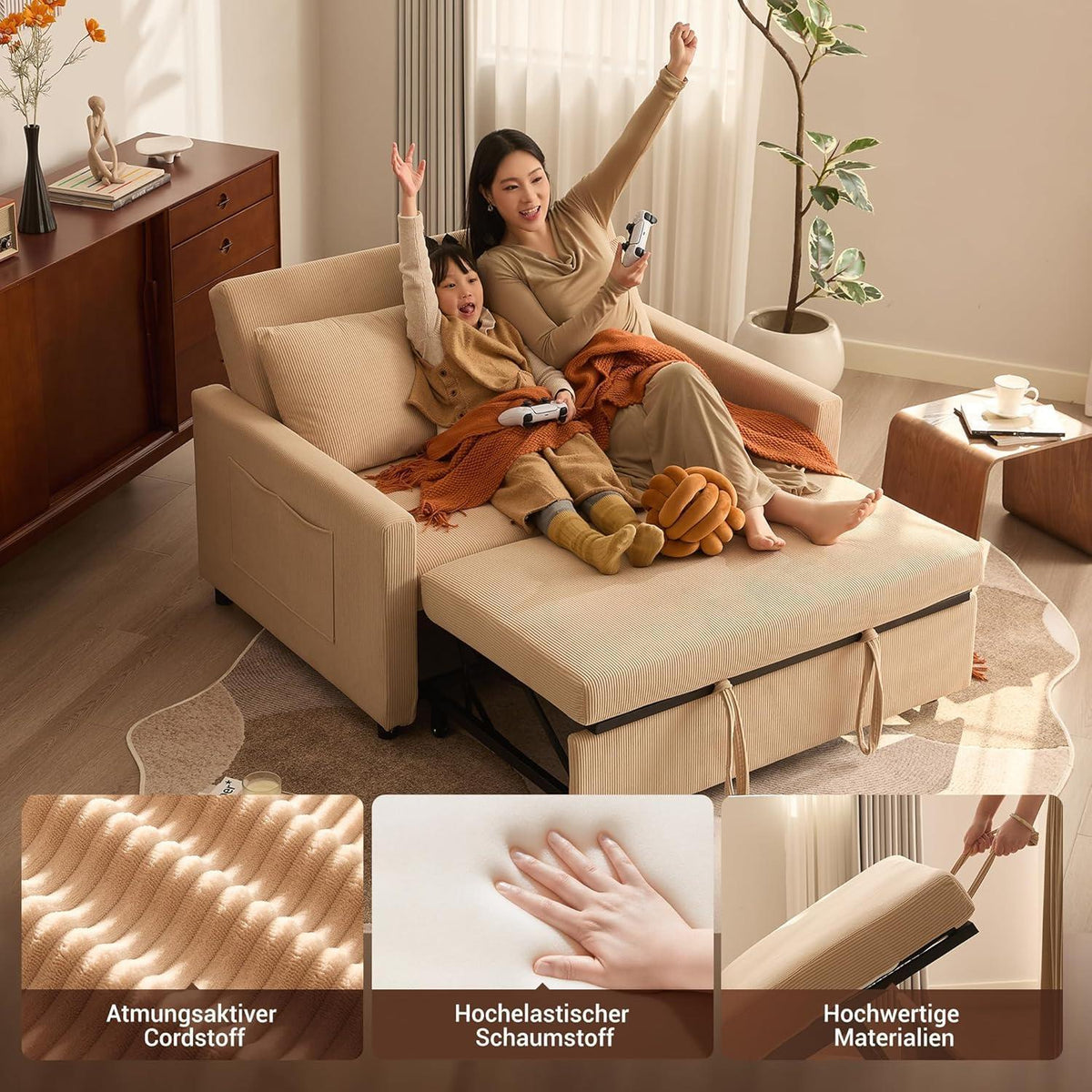 Schlafsofa 2-Sitzer Cordstoff – Ausziehbbares Bett mit Verstelllehne