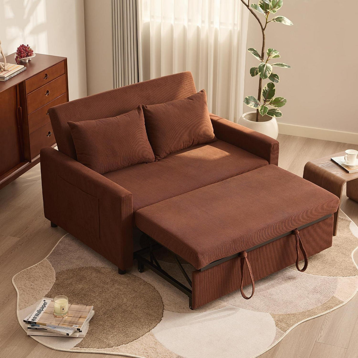 Schlafsofa 2-Sitzer Cordstoff, Ausziehbar & Verstellbar Braun