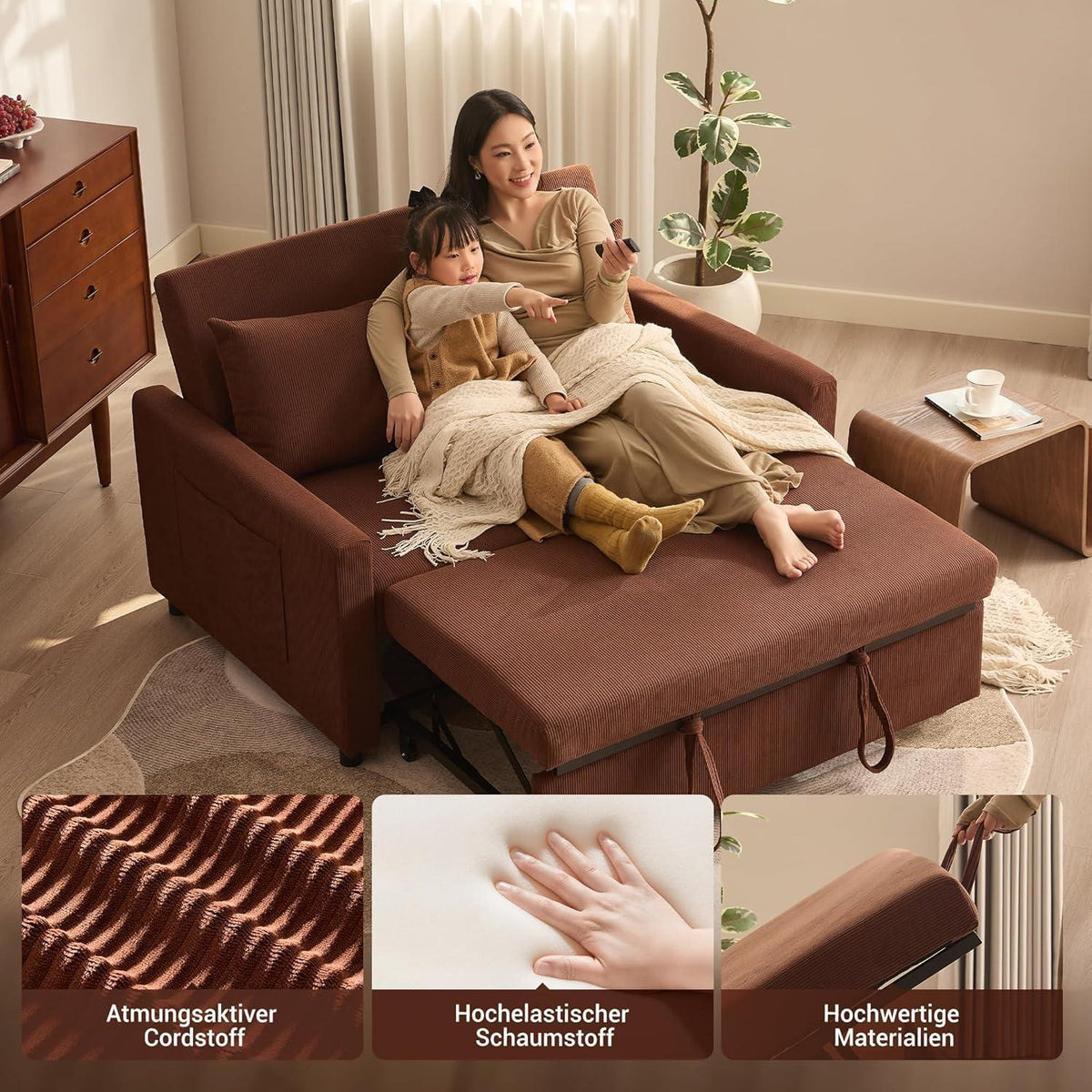 Schlafsofa 2-Sitzer Cordstoff, Ausziehbar & Verstellbar Braun