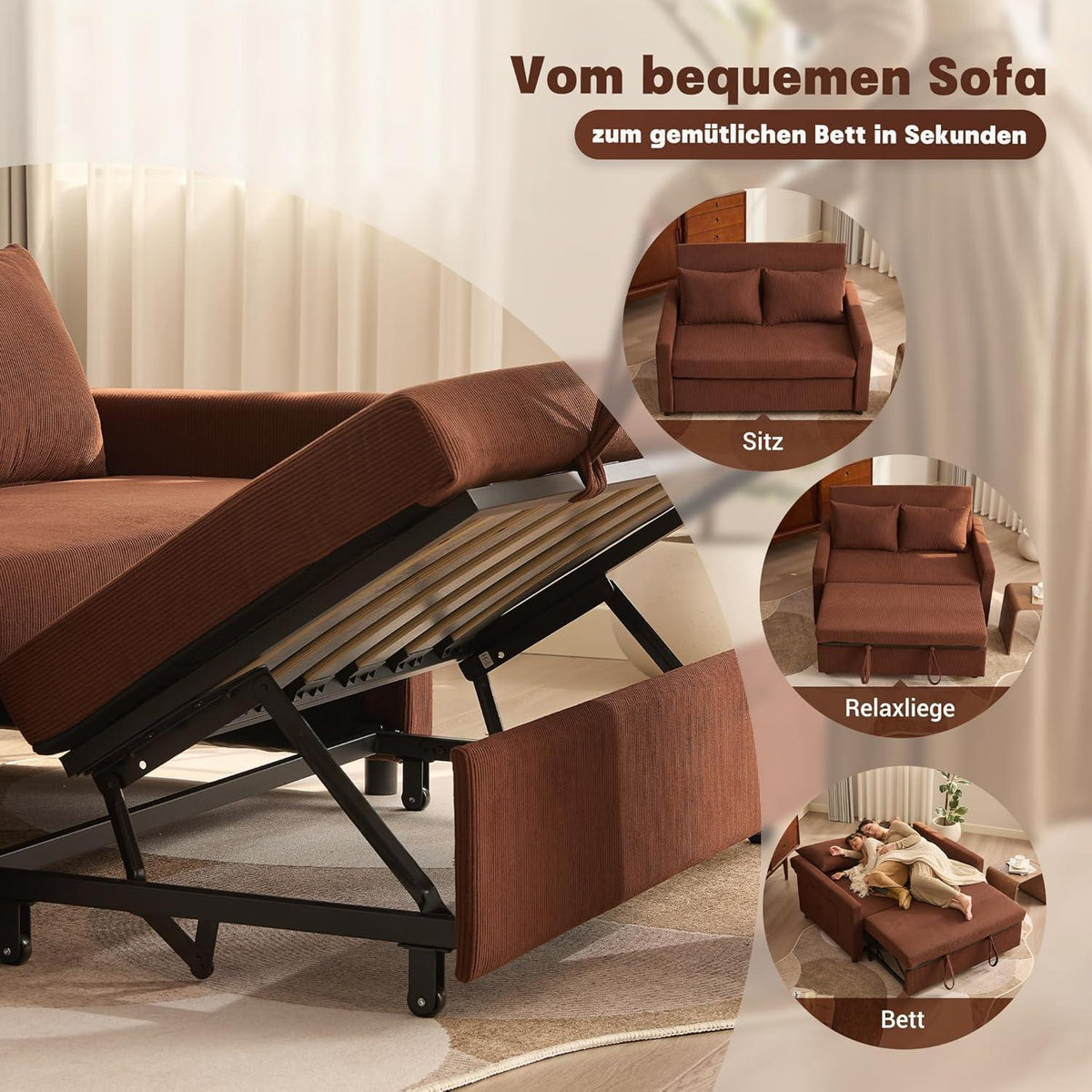Schlafsofa 2-Sitzer Cordstoff, Ausziehbar & Verstellbar Braun