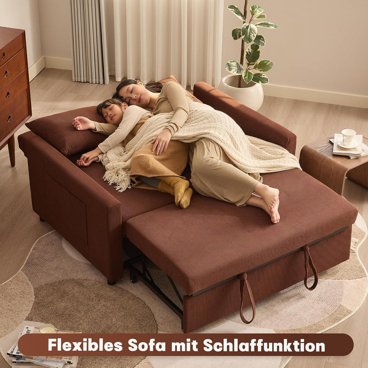 Schlafsofa 2-Sitzer Cordstoff, Ausziehbar & Verstellbar Braun