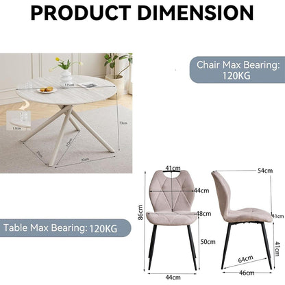 Rundes Esszimmer-Set mit 4 Leinenstühlen (Hellgrau + Beige)