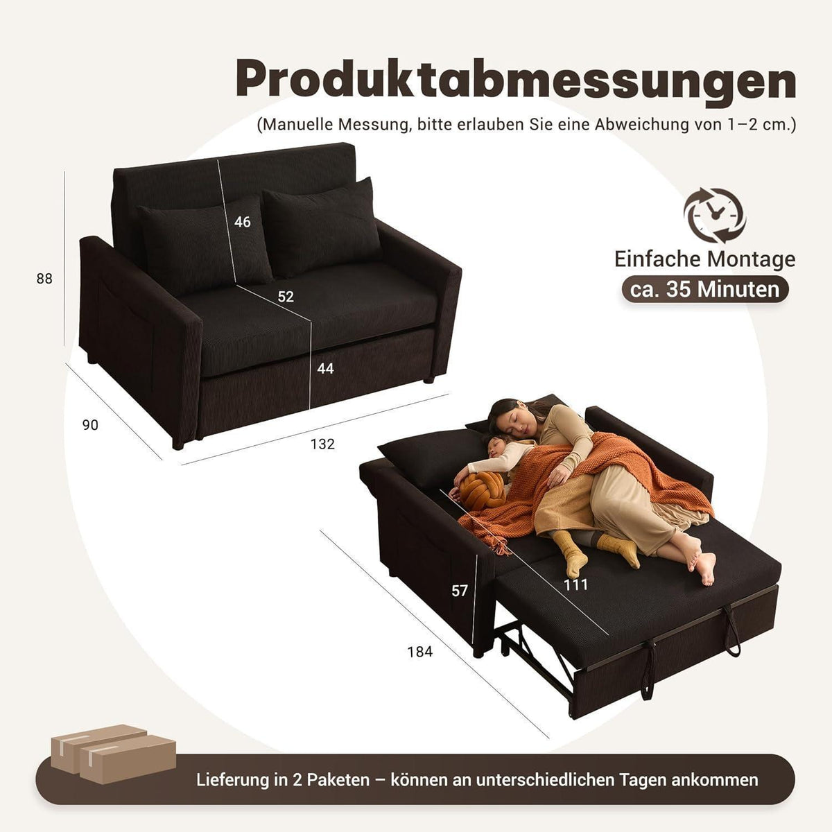 Schlafsofa 2-Sitzer Cordstoff – Ausziehbares Bett mit Verstelllehne